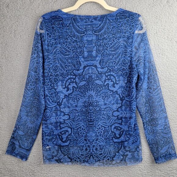 Chicos Blue Paisley Sheer Layered Tunic Top Size 0 Long Sleeve V Neck Flowy - Picture 2 of 13